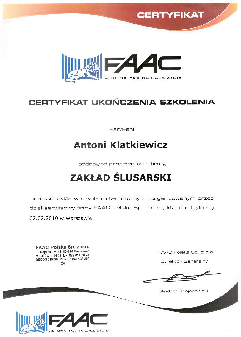 certyfikat FAAC - a